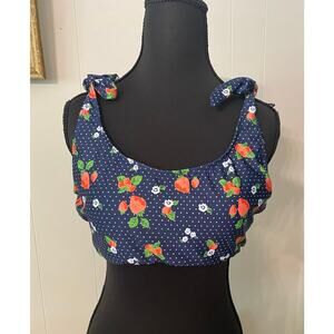 Modcloth Blue Polka Dot Strawberry Tie Strap Metal Back Closure Bikini Top Large